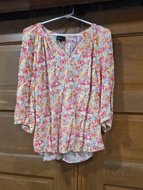 NY Collection Pink Yellow Blue Floral Split-Neck Blouse